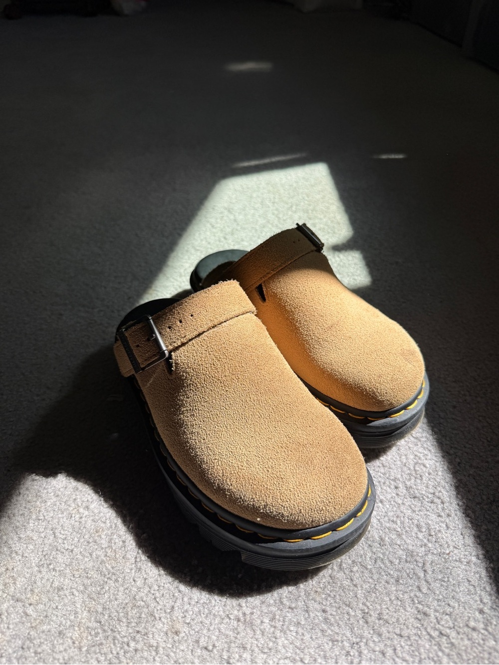 Dr. Martens Tan Suede Slip-On Clog with Buckle